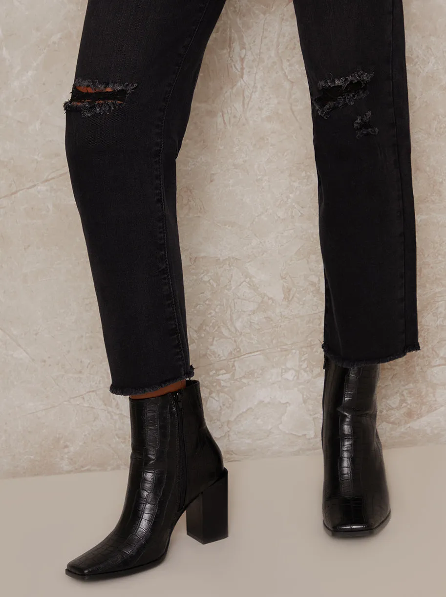 Mid Rise Slim Fit Ripped Washed Look Jeans in Black sold by Chi Chi London product image thumbnail 3