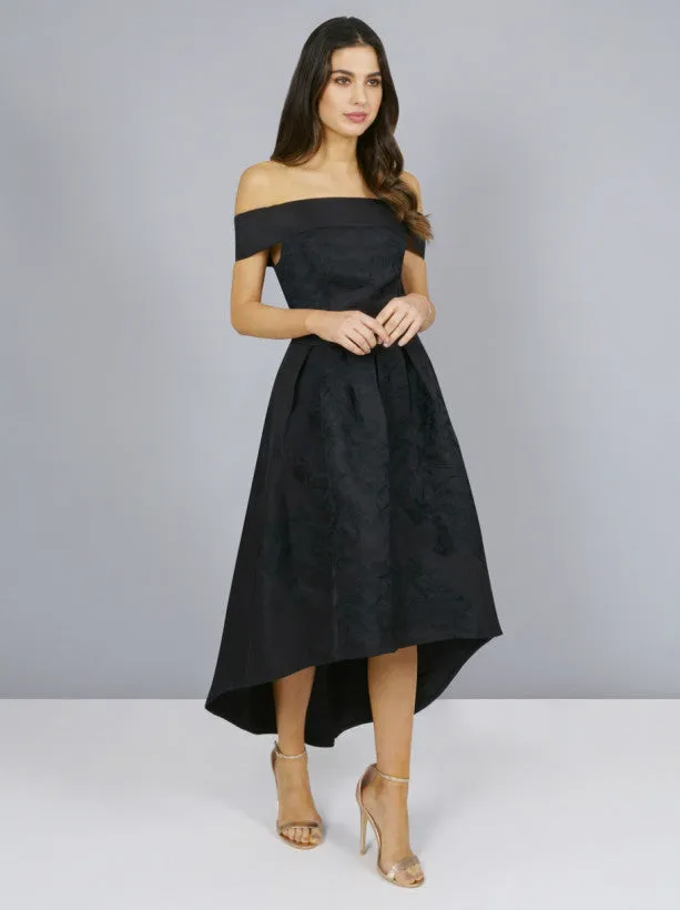 Embroidered Bardot Dip Hem Midi Dress in Black sold by Chi Chi London