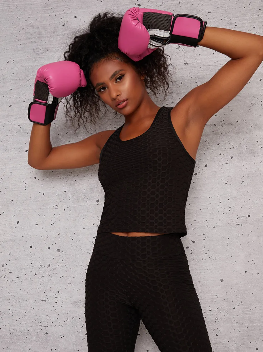Racer Back Waffle Details Sports Bra Top in Black sold by Chi Chi London