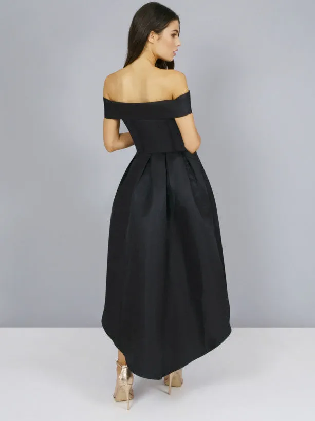 Embroidered Bardot Dip Hem Midi Dress in Black sold by Chi Chi London product image thumbnail 2