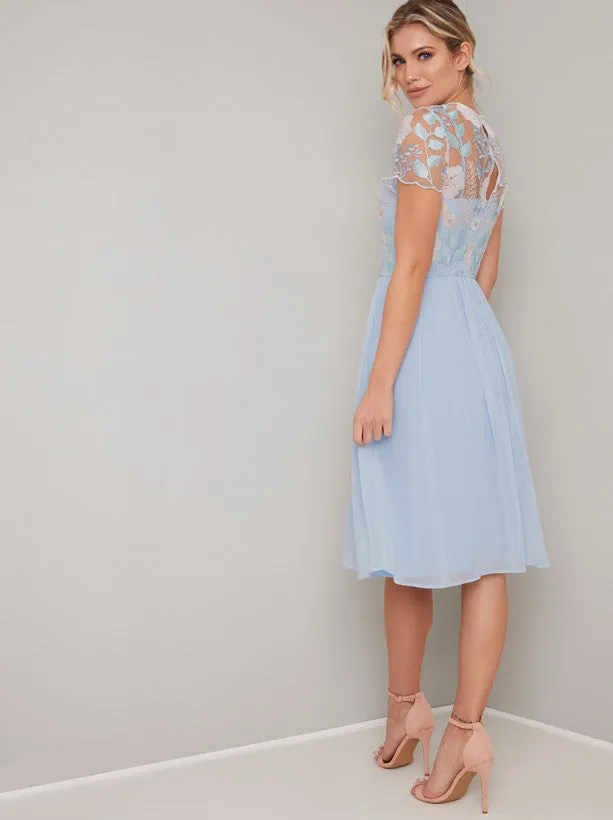 Cap Sleeve Embroidered Chiffon Midi Dress in Blue sold by Chi Chi London product image thumbnail 3