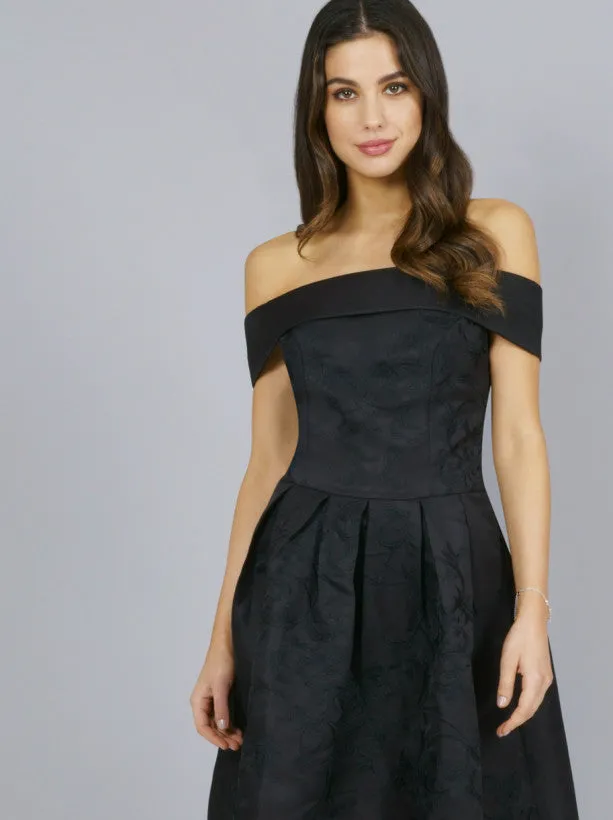 Embroidered Bardot Dip Hem Midi Dress in Black sold by Chi Chi London product image thumbnail 3
