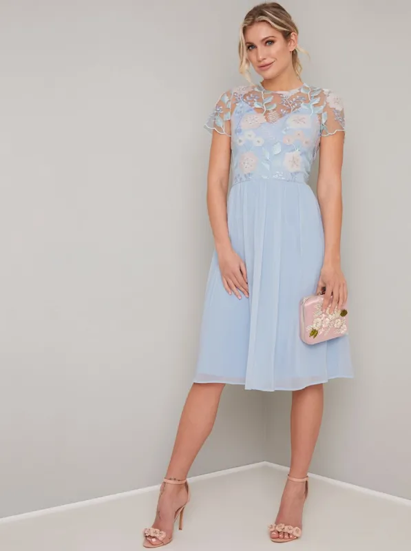 Cap Sleeve Embroidered Chiffon Midi Dress in Blue sold by Chi Chi London