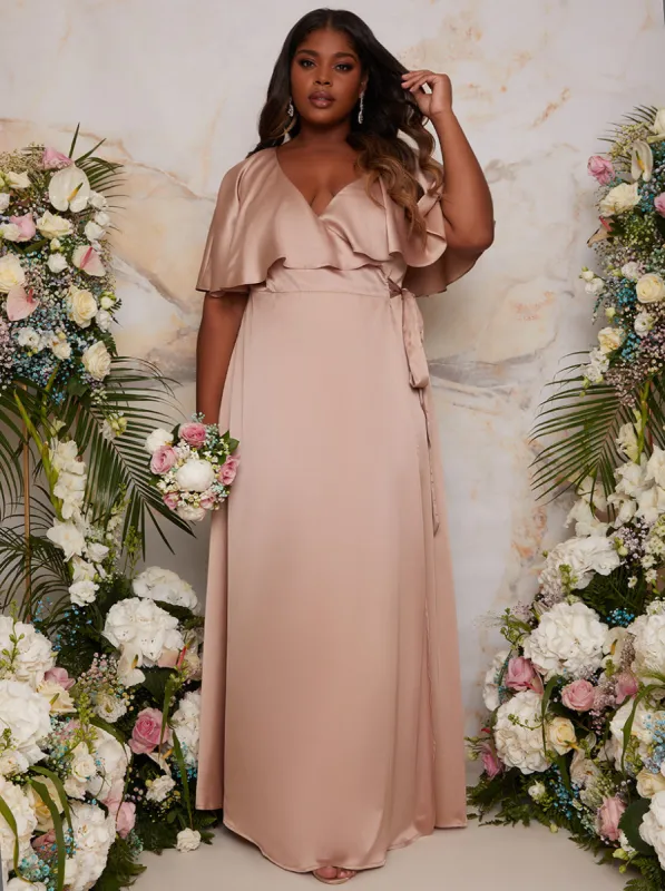 Plus Size Angel Sleeve Wrap Design Maxi Dress in Champagne sold by Chi Chi London