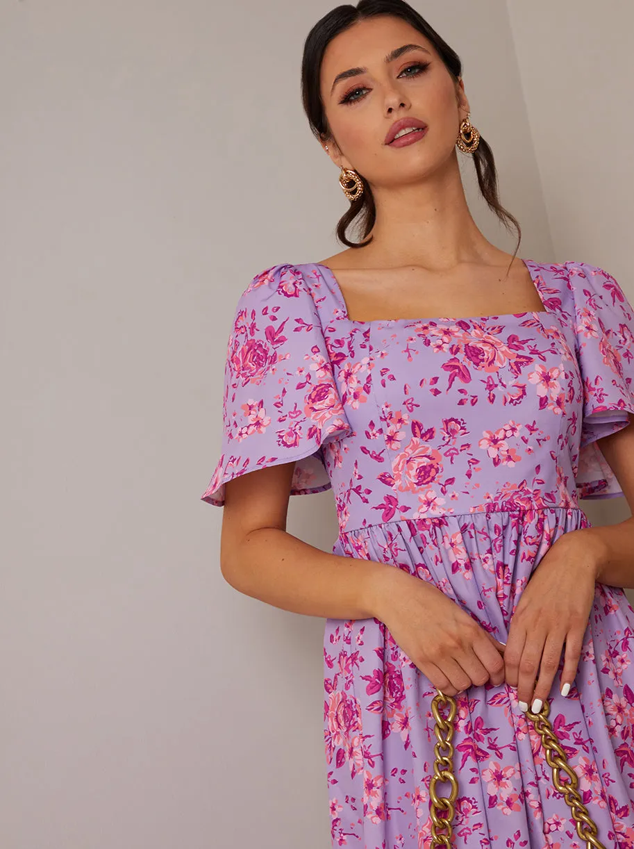 Square Neck Ditsy Floral Midi Dress in Purple sold by Chi Chi London product image thumbnail 3