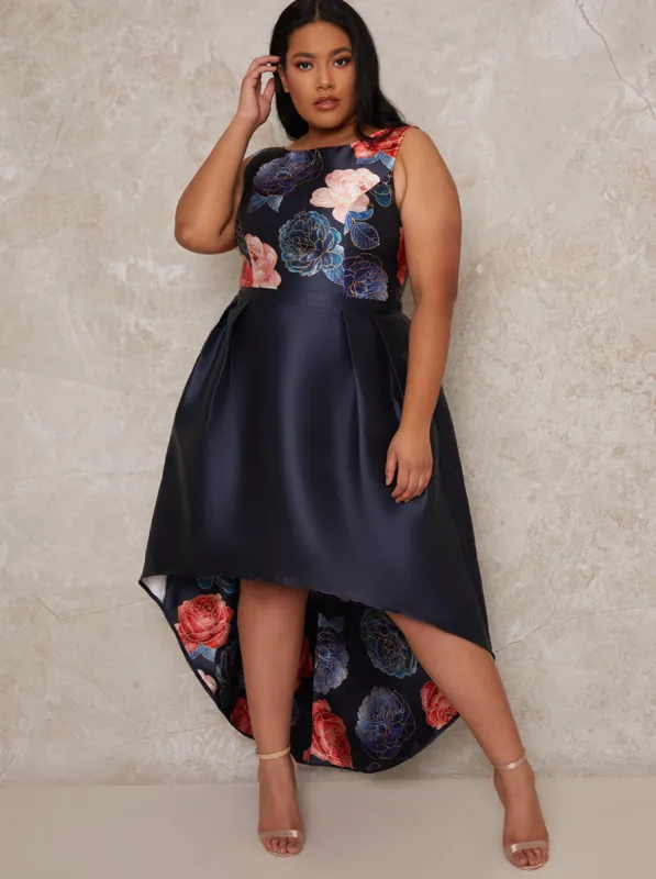 Plus Size Floral Bodice Dip Hem Dress in Navy sold by Chi Chi London