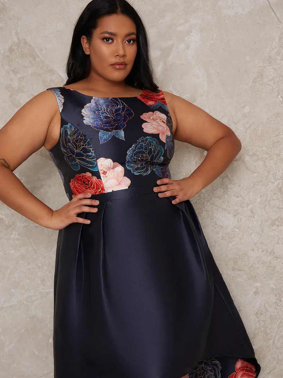Plus Size Floral Bodice Dip Hem Dress in Navy sold by Chi Chi London product image thumbnail 2