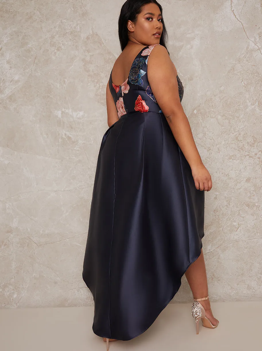 Plus Size Floral Bodice Dip Hem Dress in Navy sold by Chi Chi London product image thumbnail 4