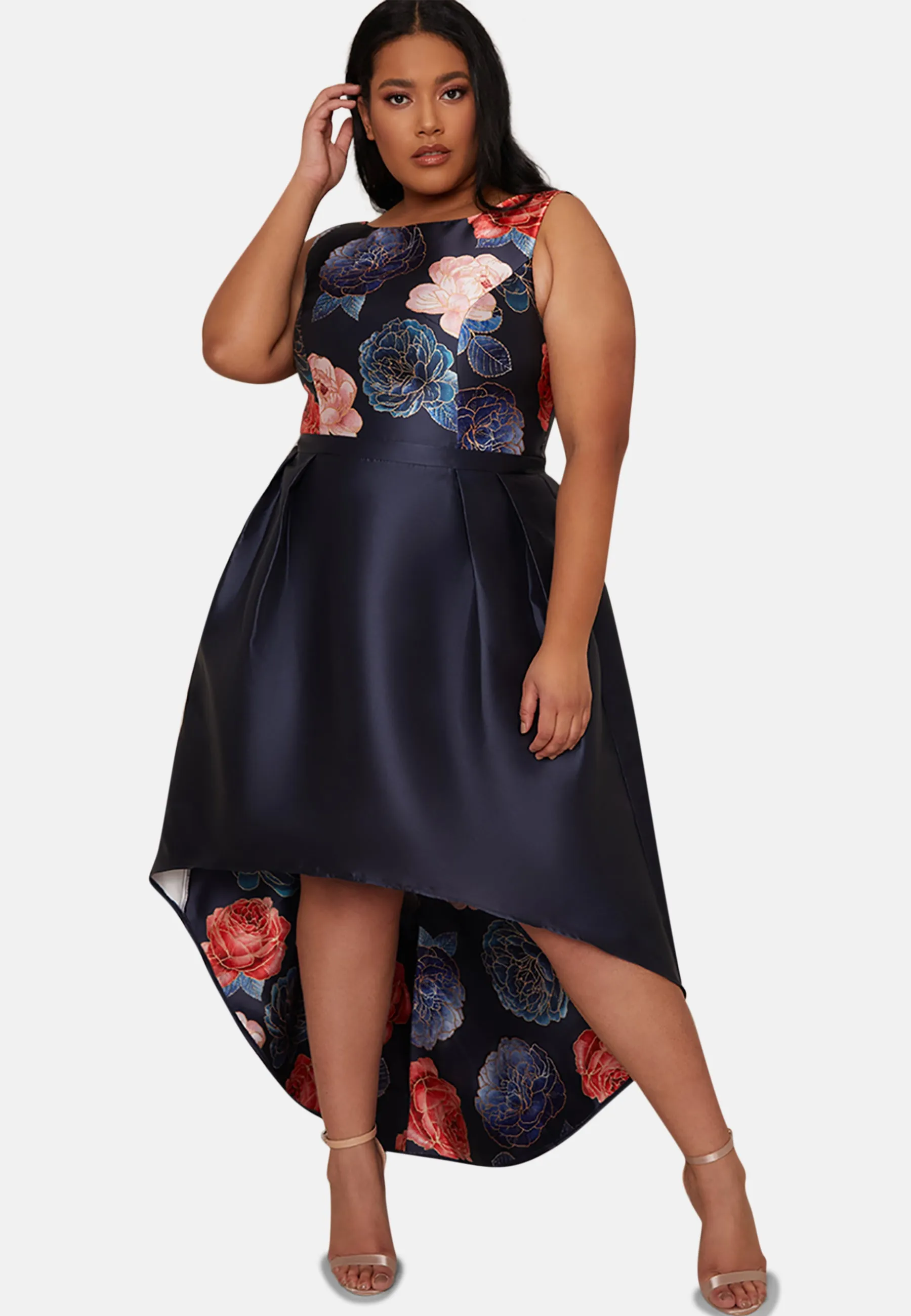 Plus Size Floral Bodice Dip Hem Dress in Navy sold by Chi Chi London product image thumbnail 5