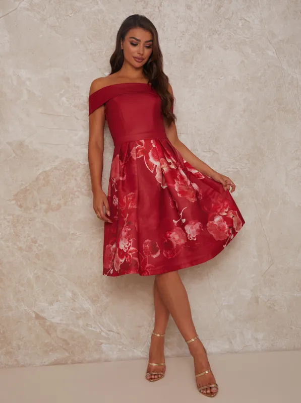 Bardot Floral Print Midi Dress in Red sold by Chi Chi London