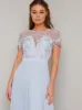 Sheer Lace Pleated Maxi Dress in Blue sold by Chi Chi London