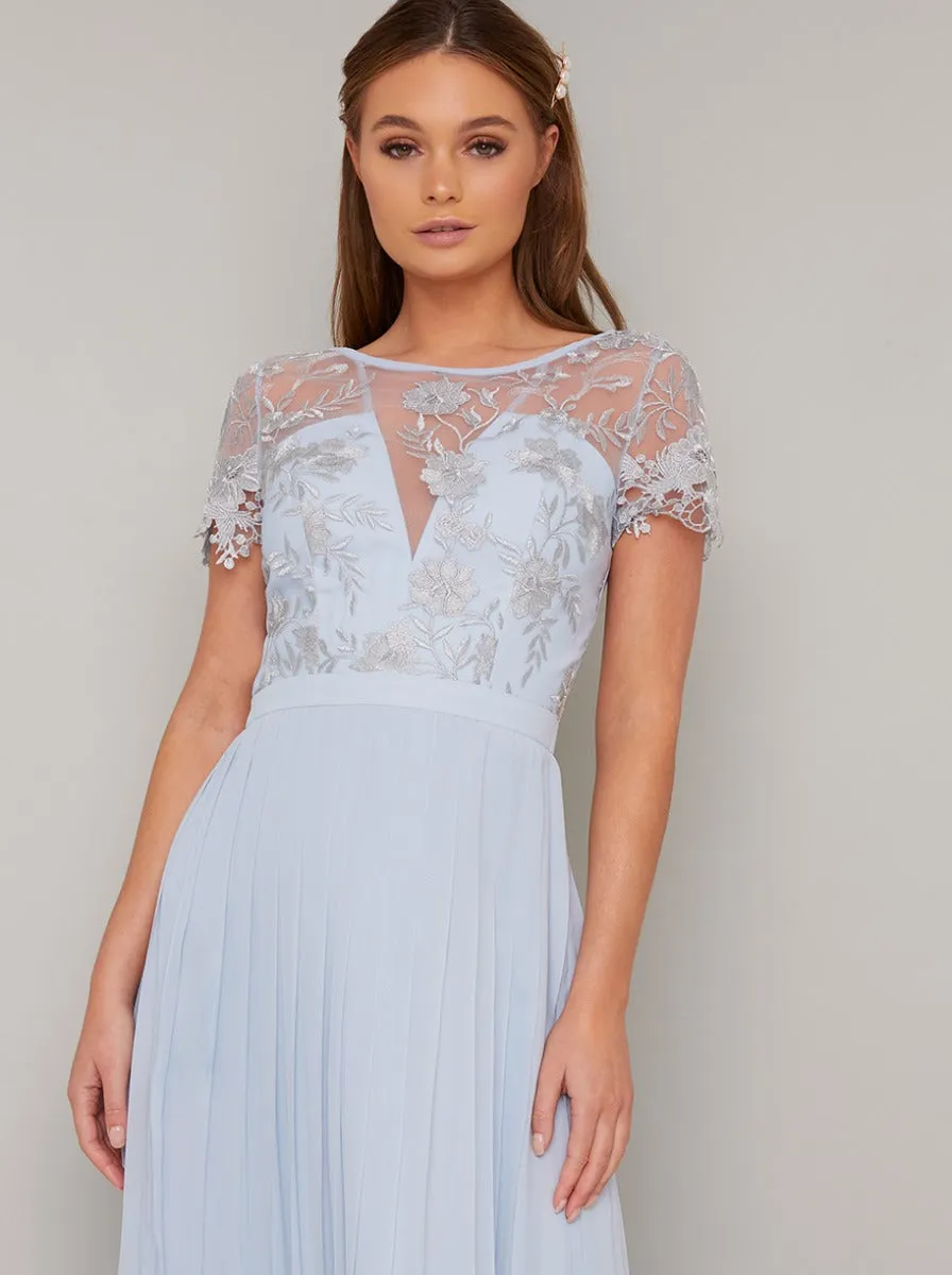 Sheer Lace Pleated Maxi Dress in Blue sold by Chi Chi London product image thumbnail 4