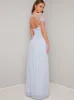 Sheer Lace Pleated Maxi Dress in Blue sold by Chi Chi London