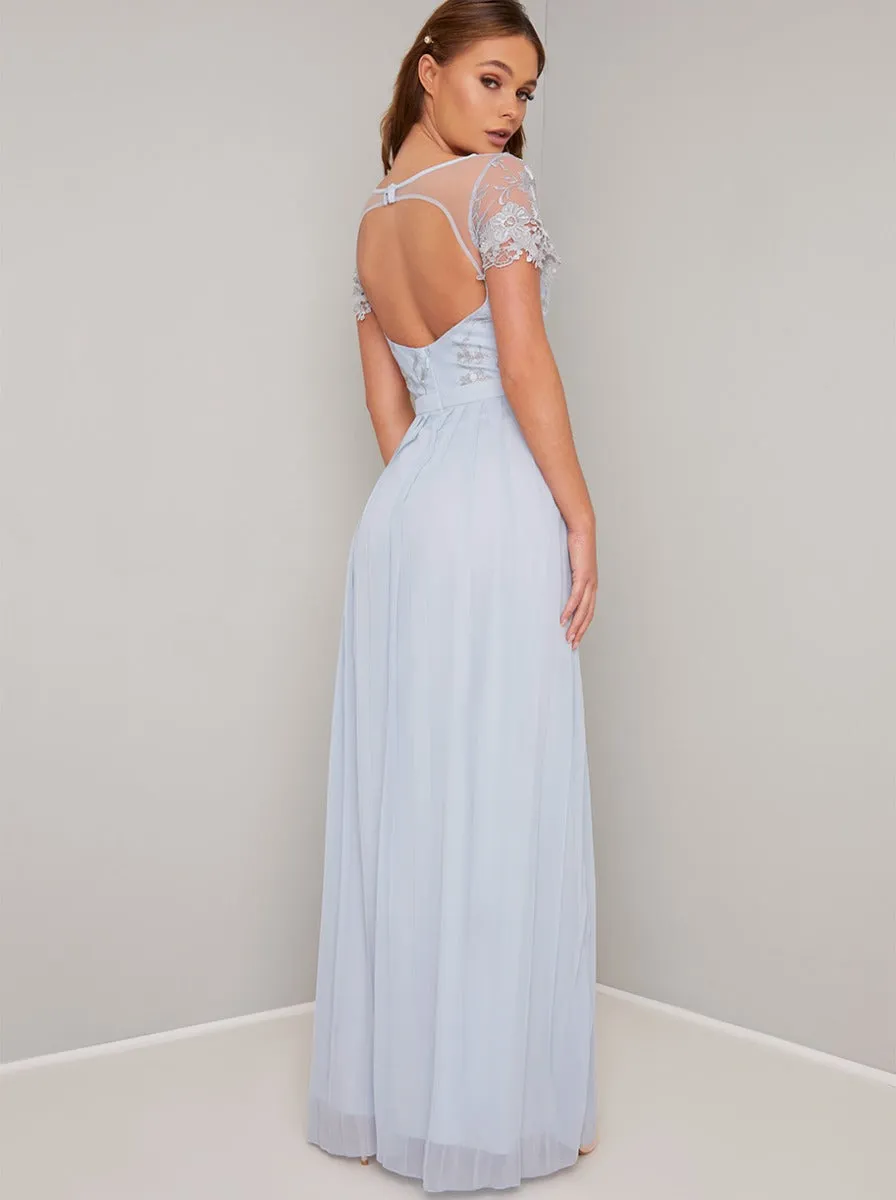 Sheer Lace Pleated Maxi Dress in Blue sold by Chi Chi London product image thumbnail 3
