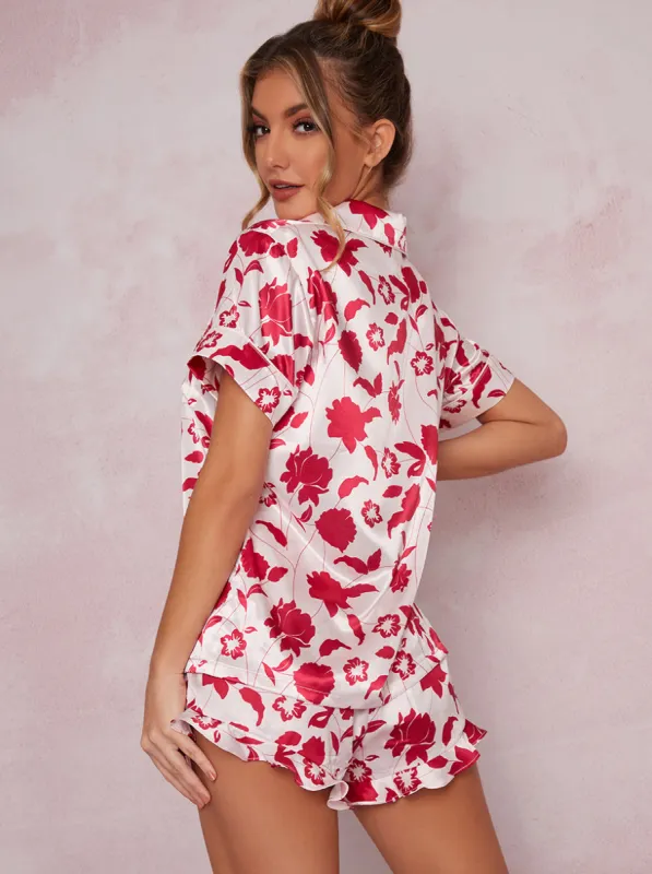 Satin Finish Floral Print Pyjama Short Set in Pink sold by Chi Chi London