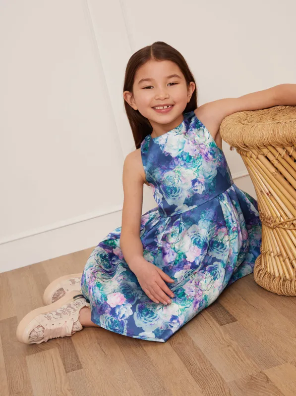 Girls Watercolour Floral Printed Midi Dress in Navy sold by Chi Chi London