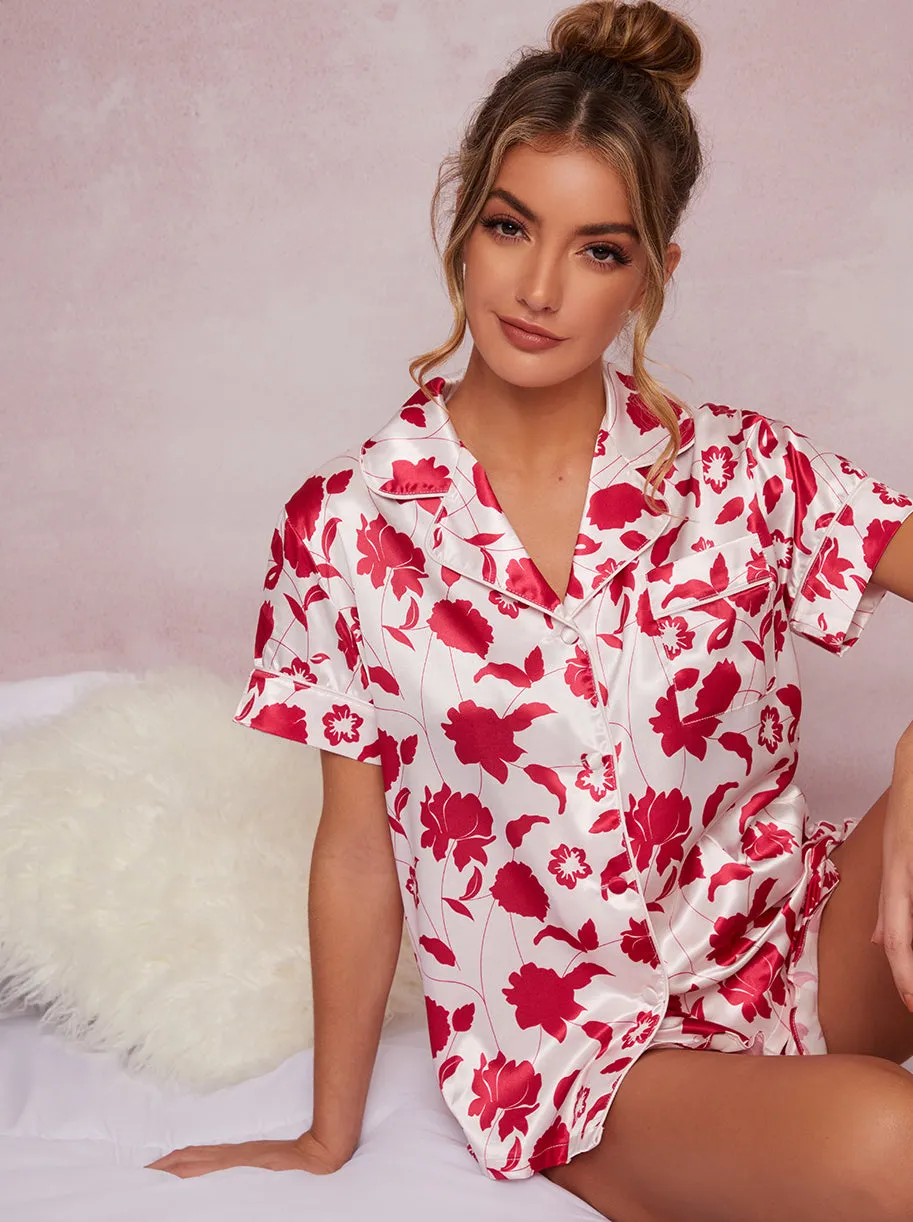 Satin Finish Floral Print Pyjama Short Set in Pink sold by Chi Chi London product image thumbnail 4