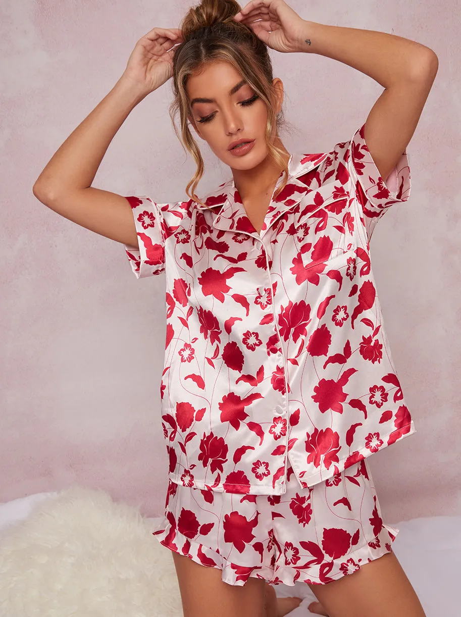 Satin Finish Floral Print Pyjama Short Set in Pink sold by Chi Chi London product image thumbnail 2