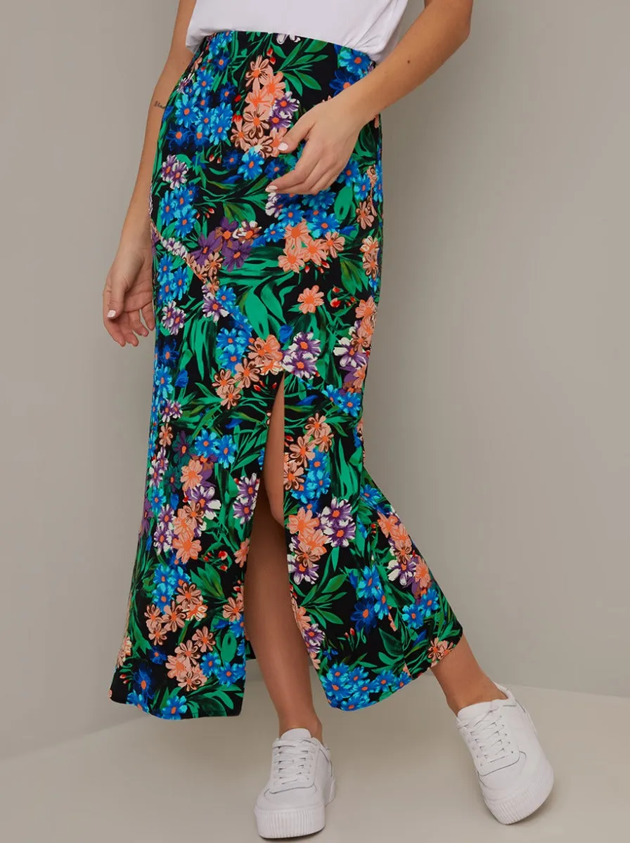 Floral Print Side Split Midi Skirt in Black sold by Chi Chi London product image thumbnail 4