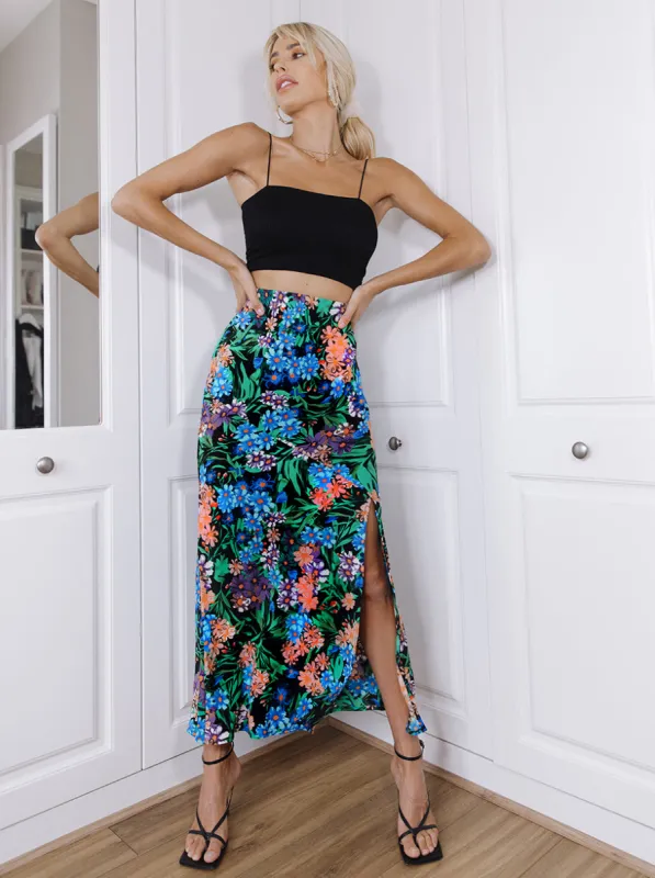 Floral Print Side Split Midi Skirt in Black sold by Chi Chi London