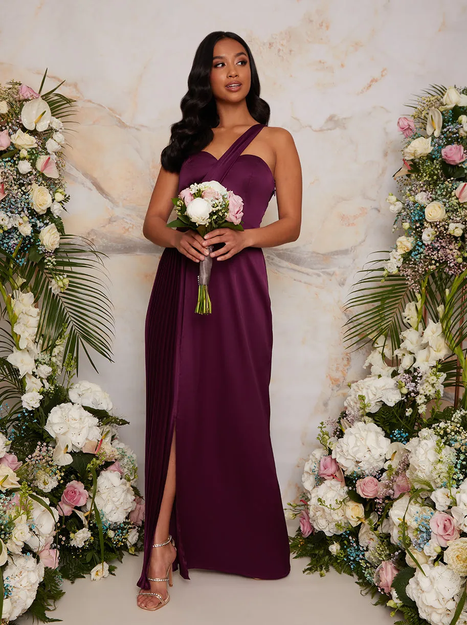 Petite Pleated Satin One Shoulder Maxi Dress in Berry sold by Chi Chi London product image thumbnail 2