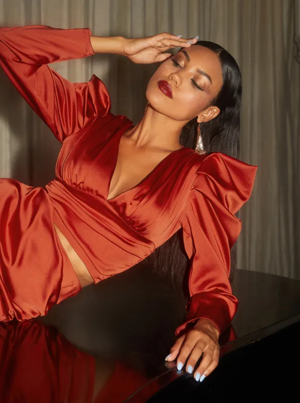 Plunge Balloon Shoulder Sleeve Top in Orange sold by Chi Chi London