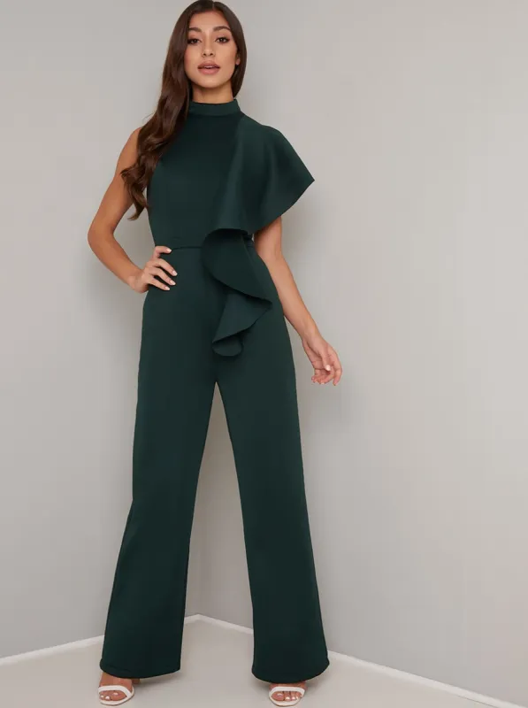 Ruffle Detail Wide Leg Jumpsuit in Green sold by Chi Chi London