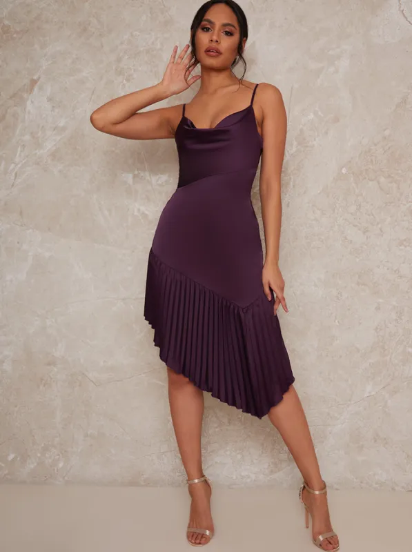 Cowl Neck Satin Pleated Midi Dress in Burgundy sold by Chi Chi London