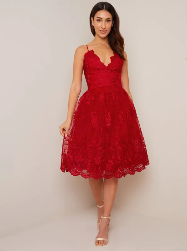 Lace Embroidered Cami Midi Dress in Red sold by Chi Chi London