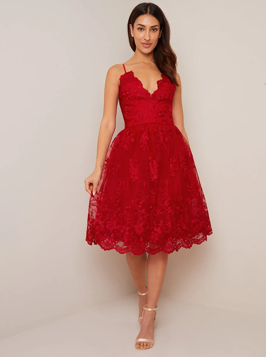 Lace Embroidered Cami Midi Dress in Red sold by Chi Chi London