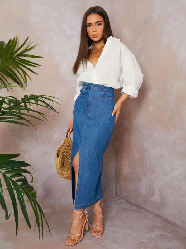 Split Hem Demin Maxi Skirt in Blue sold by Chi Chi London