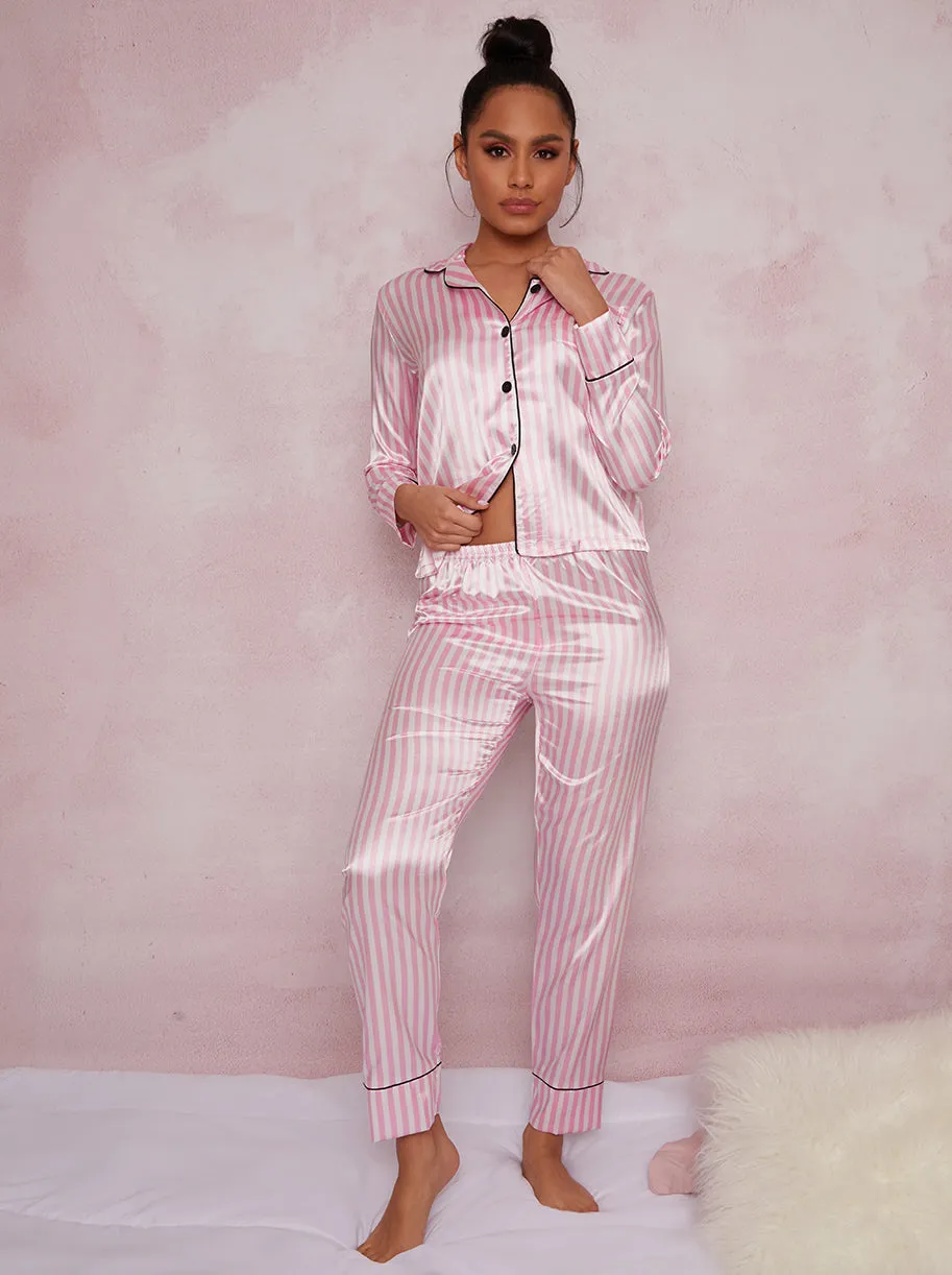 Candy Stripe Satin Pyjamas in Pink sold by Chi Chi London product image thumbnail 2
