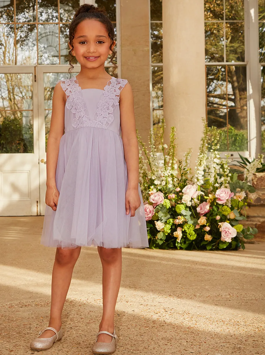 Younger Girls Floral Trim Tulle Midi Dress in Lilac sold by Chi Chi London product image thumbnail 5