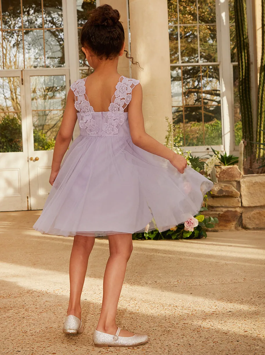 Younger Girls Floral Trim Tulle Midi Dress in Lilac sold by Chi Chi London product image thumbnail 3