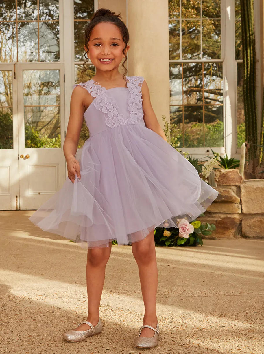 Younger Girls Floral Trim Tulle Midi Dress in Lilac sold by Chi Chi London
