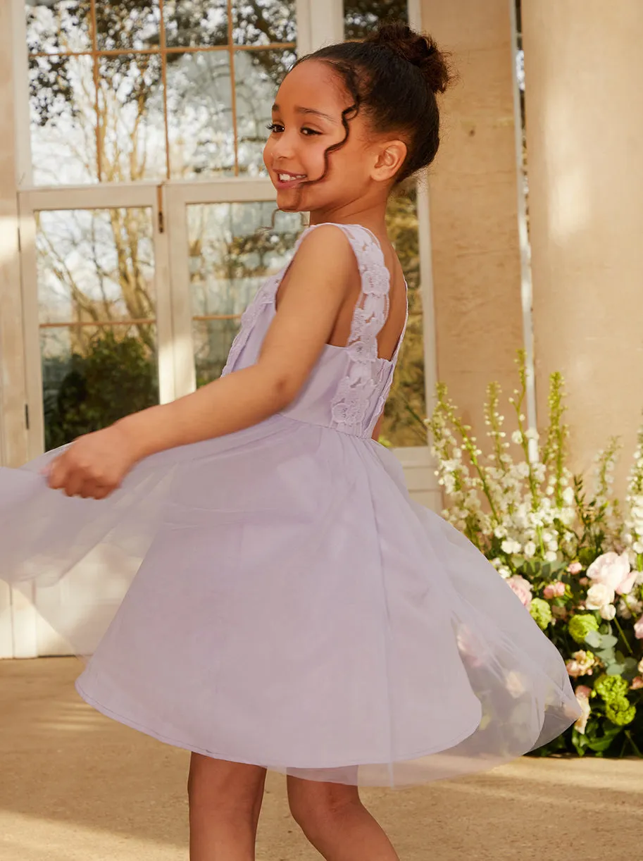 Younger Girls Floral Trim Tulle Midi Dress in Lilac sold by Chi Chi London product image thumbnail 4