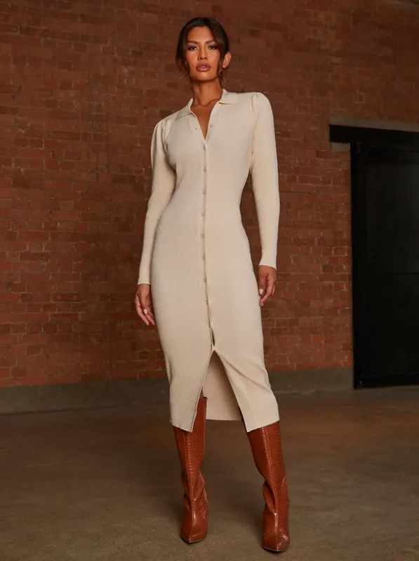 Button-Through Rib Polo Midi Dress in Cream sold by Chi Chi London