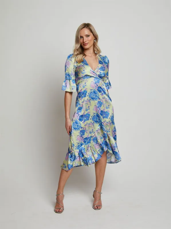 Short Sleeve Tie Front Floral Midi Dress in Yellow sold by Chi Chi London