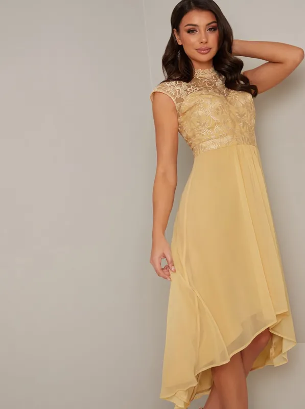 High Neck Lace Bodice Dip Hem Midi Dress in Yellow sold by Chi Chi London