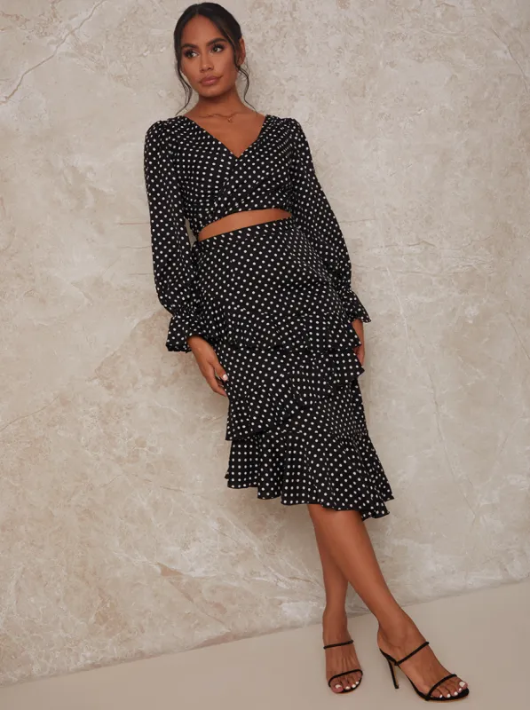 Polka Dot Ruffle Midi Skirt in Black sold by Chi Chi London