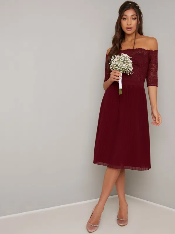 Lace Bardot Bodice Pleat Midi Dress in Burgundy sold by Chi Chi London