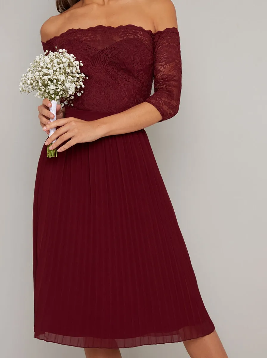 Lace Bardot Bodice Pleat Midi Dress in Burgundy sold by Chi Chi London product image thumbnail 2