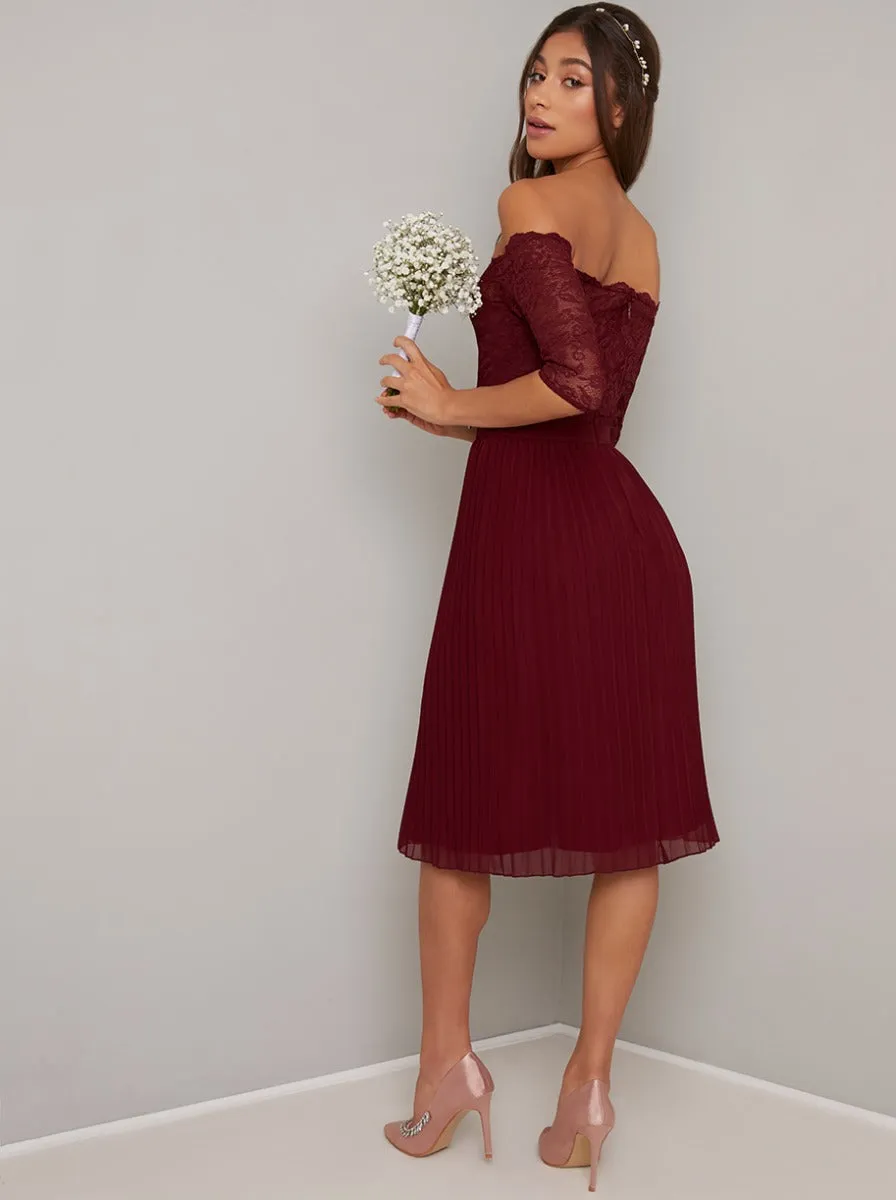 Lace Bardot Bodice Pleat Midi Dress in Burgundy sold by Chi Chi London product image thumbnail 3