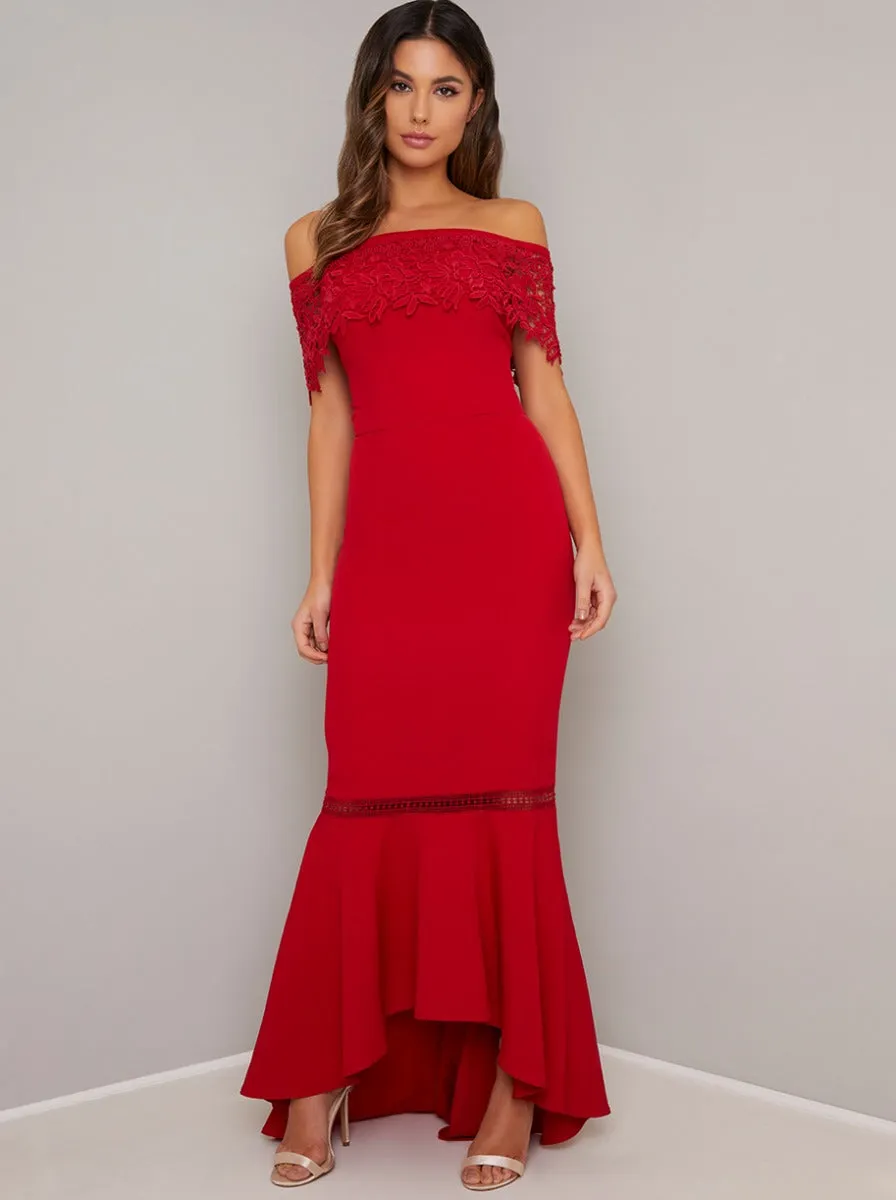 Bardot Lace Detail Bodycon Dip Hem Maxi Dress in Red sold by Chi Chi London