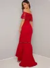 Bardot Lace Detail Bodycon Dip Hem Maxi Dress in Red sold by Chi Chi London