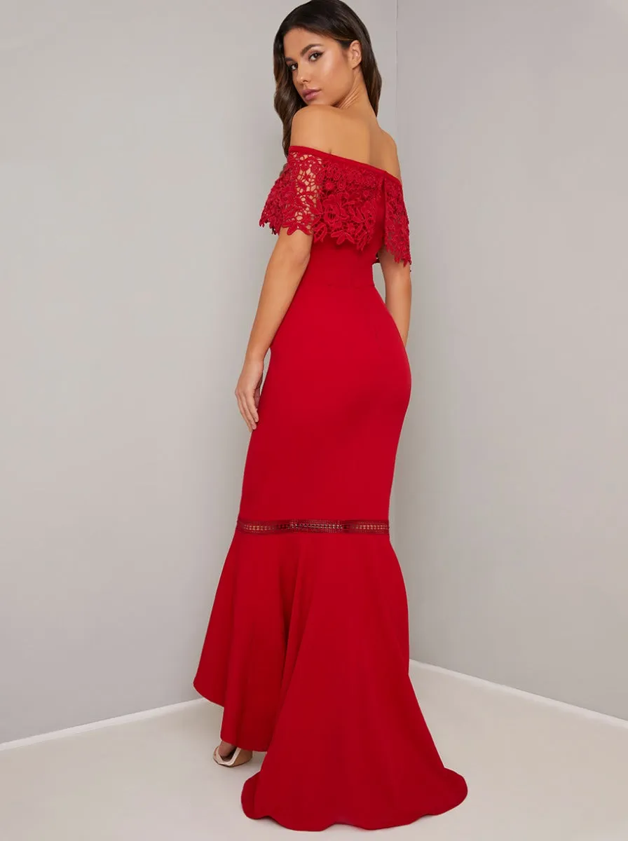 Bardot Lace Detail Bodycon Dip Hem Maxi Dress in Red sold by Chi Chi London product image thumbnail 2