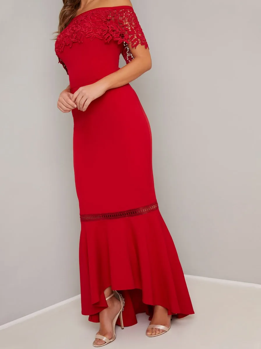 Bardot Lace Detail Bodycon Dip Hem Maxi Dress in Red sold by Chi Chi London product image thumbnail 3