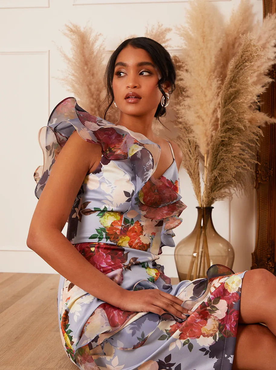 Ruffle Floral Print Bodycon Dress in Blue sold by Chi Chi London product image thumbnail 4