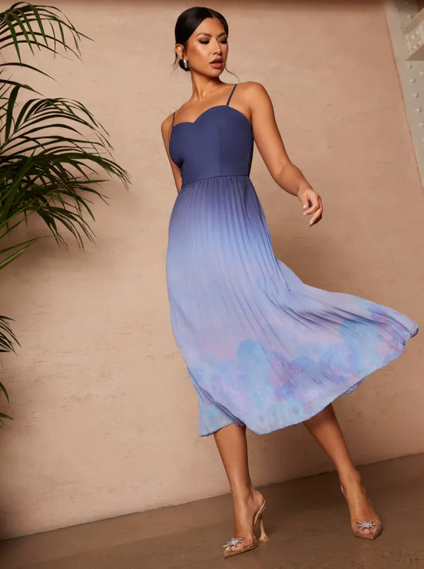Ombre Floral Print Pleated Midi Dress in Navy sold by Chi Chi London