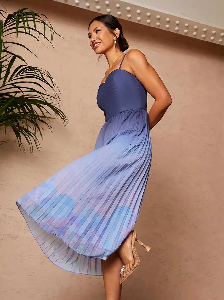 Ombre Floral Print Pleated Midi Dress in Navy sold by Chi Chi London product image thumbnail 5